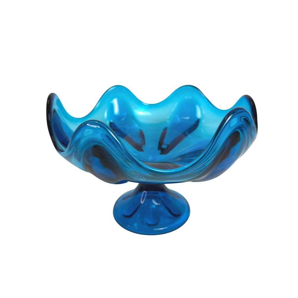 Viking Glass Blue Epic Bluenique Petal Compote Pedestal Bowl MCM Vintage 7"
